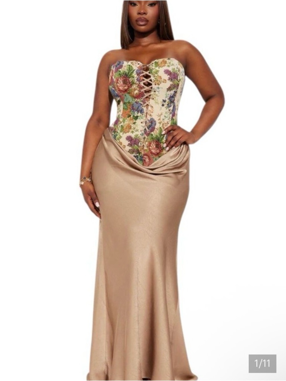 Fashion Nova Floral Corset Strapless Satin Gown - Taupe & Multicolor